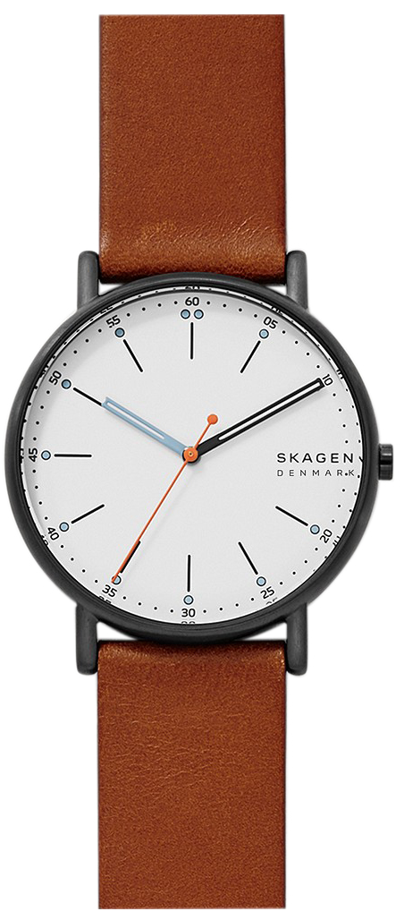 Relógio analógico, caixa aço, mostrador branco, pulseira couro marrom.