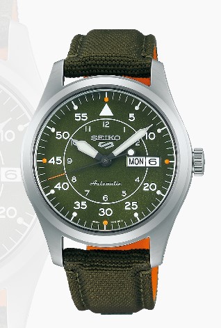 Relógio automático, caixa aço, mostrador verde, calendário, pulseira tecido verde.
