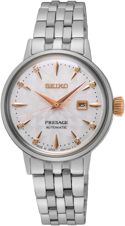 Relógio automático, caixa e pulseira aço, mostrador branco grifos rosé com diamantes, calendário.