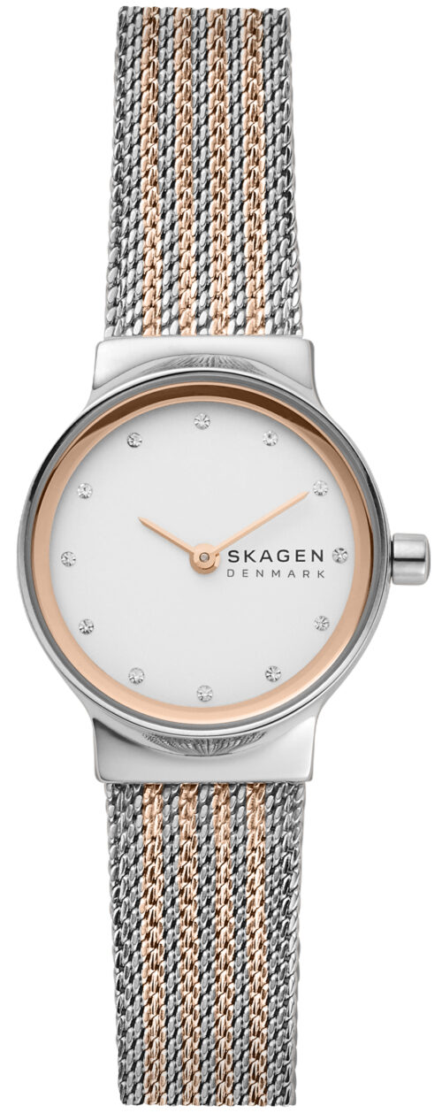 Relógio analógico, caixa e pulseira bicolor rosé, mostrador branco. 