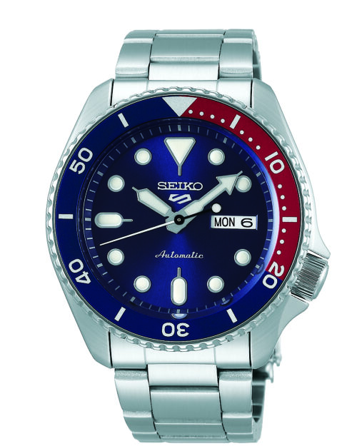 Relógio automático, caixa e pulseira aço, bisel azul e vermelho, mostrador azul, calendário.