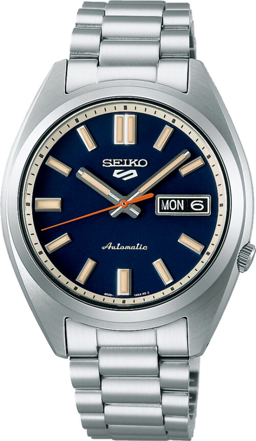 Relógio automático, caixa e pulseira aço, mostrador azul, calendário.