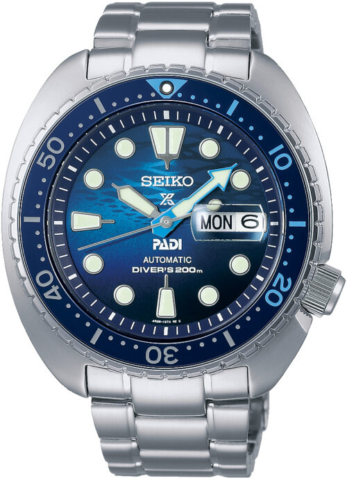 Relógio automático, caixa e pulseira aço, bisel e mostrador azul, calendário.