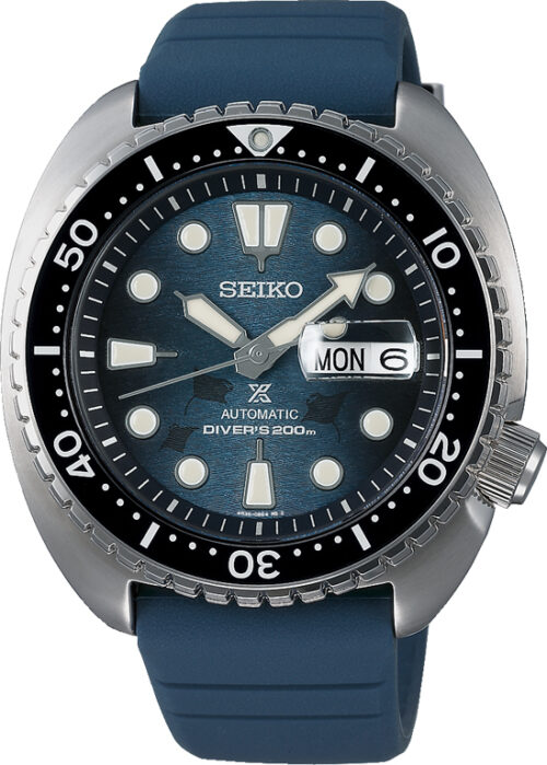 Relógio automático, caixa aço, bisel preto, mostrador azul, calendário, pulseira borracha azul.