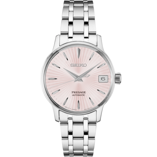 Relógio automático, caixa e pulseira aço, mostrador rosa, calendário.