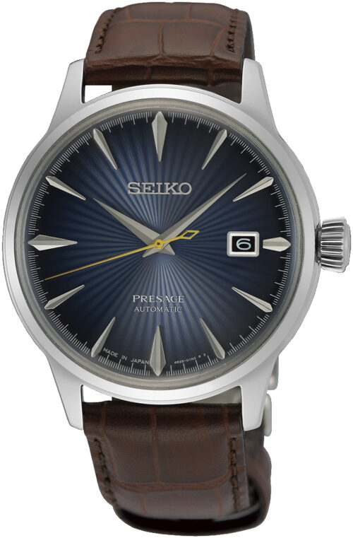 Relógio automático, caixa aço, mostrador azul, calendário, pulseira couro marrom.