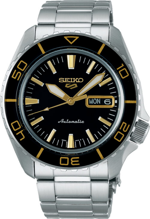 Relógio automático, caixa e pulseira aço, bisel e mostrador preto/amarelo, calendário.