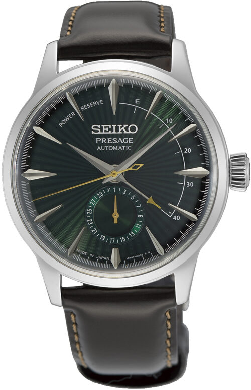 Relógio automático, caixa aço, mostrador verde, pulseira couro marrom.