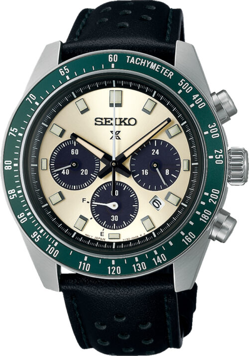 Relógio solar, caixa aço, bisel verde, mostrador branco, taquimetro, calendário, pulseira couro preta.