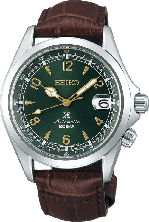 Relógio automático, caixa aço, mostrador verde, calendário, pulseira couro marrom.