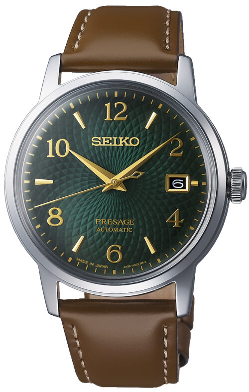 Relógio automático, caixa aço, mostrador verde, calendário, pulseira couro marrom.