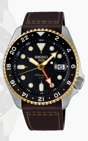Relógio automático, caixa aço, bisel e mostrador preto, calendário, pulseira couro marrom.