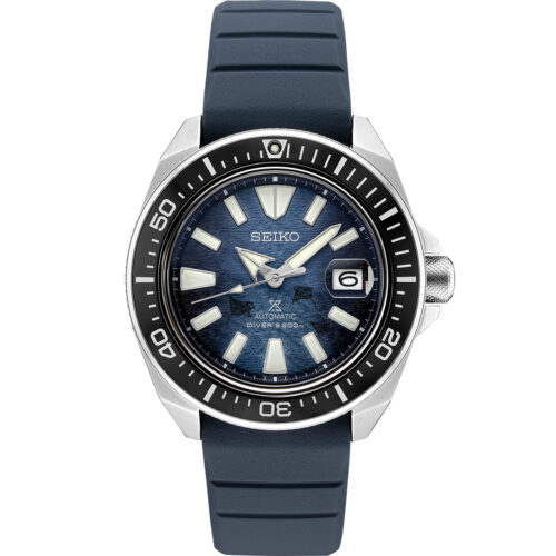 Relógio automático, caixa aço, pulseira borracha, bisel preto, mostrador azul, calendário.