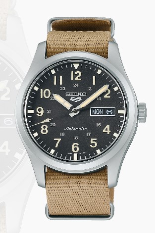 Relógio automático, caixa aço, pulseira tecido, mostrador preto, calendário.