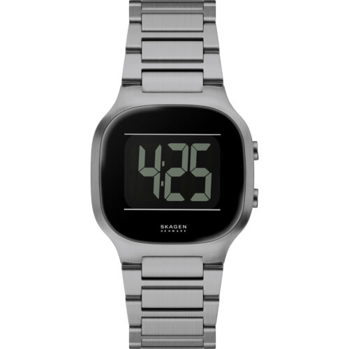 Relógio digital, caixa e pulseira aço, mostrador preto