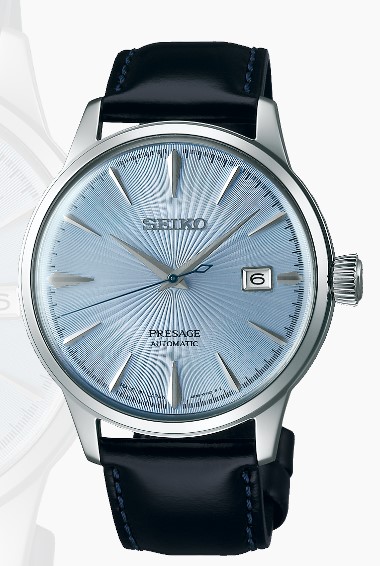 Relógio automático, caixa aço, mostrador azul, calendário, pulseira couro preta.